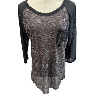 Seven Womens Sheer Black & Gray 3/4 Sleeve Top W/Sequin Pocket L